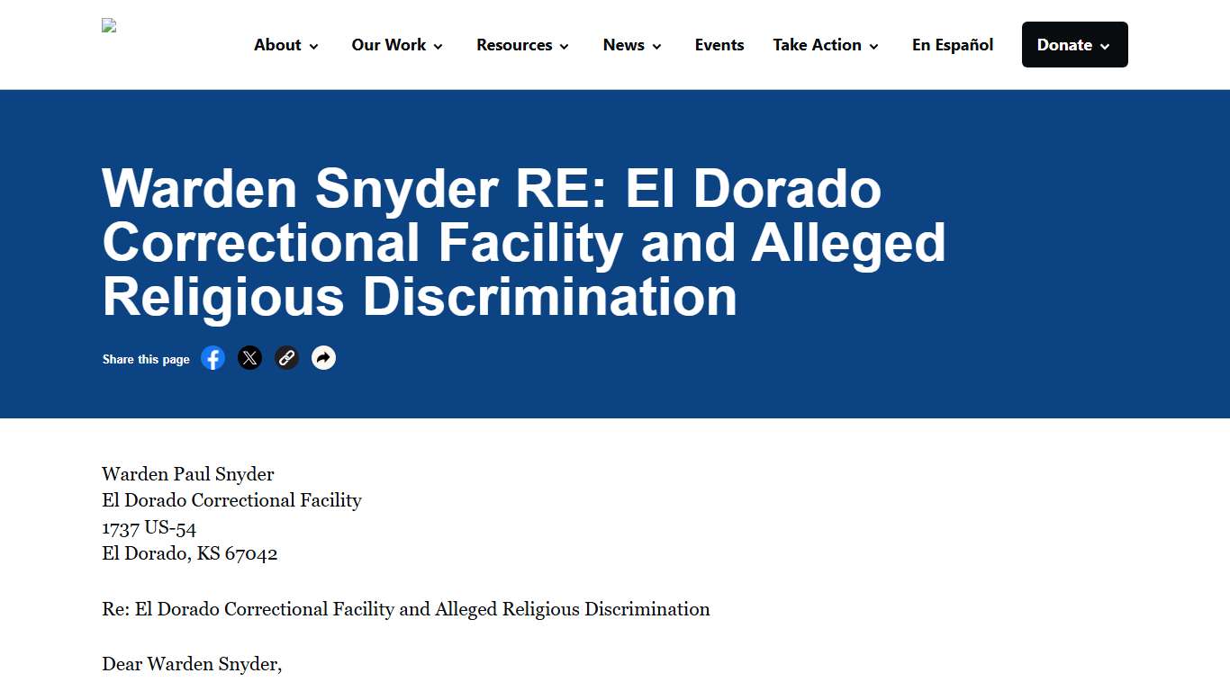 Warden Snyder RE: El Dorado Correctional Facility and Alleged Religious Discrimination - ACLU of Kansas