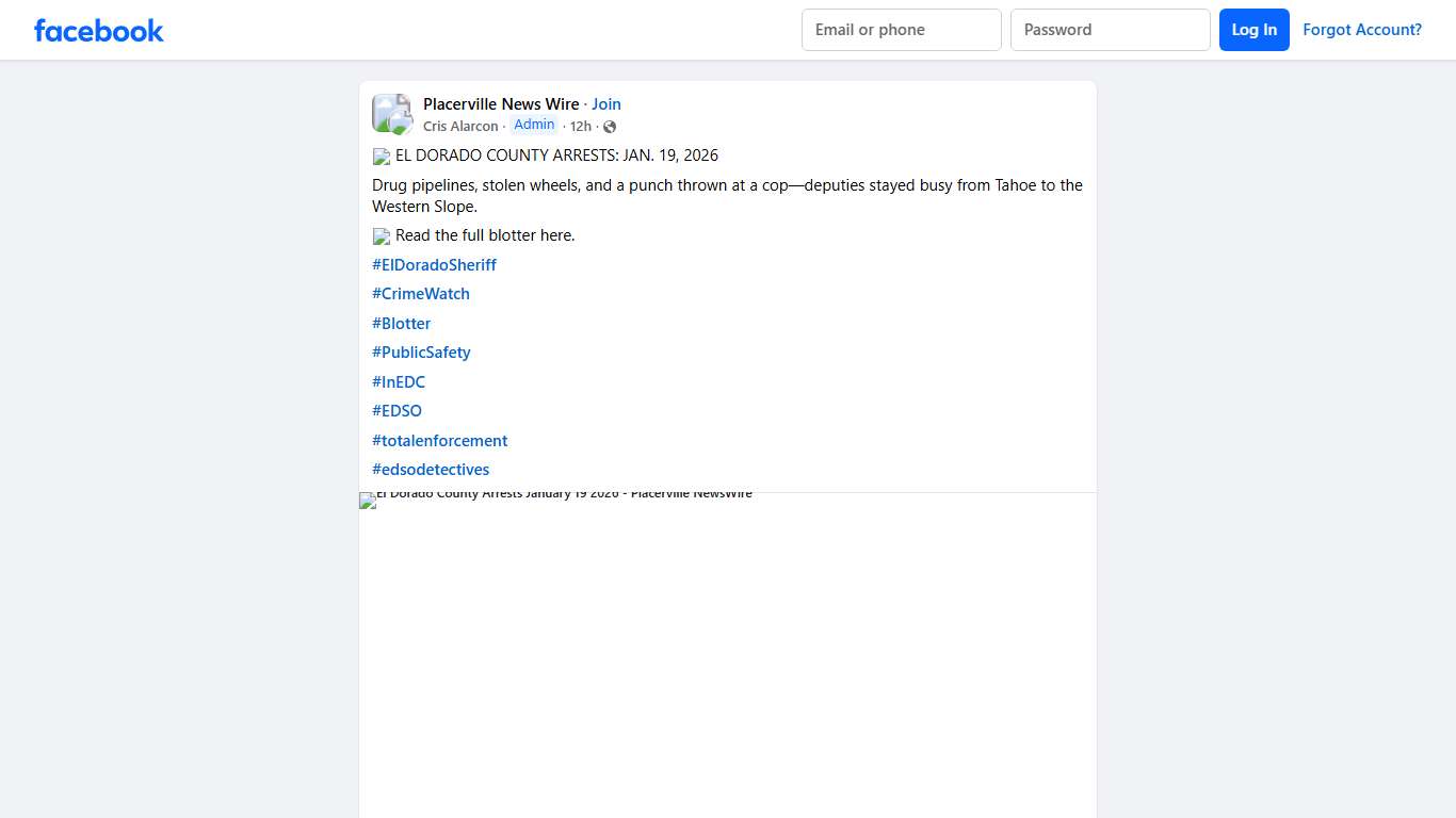 Placerville News Wire 🚔 EL DORADO COUNTY ARRESTS: JAN Facebook