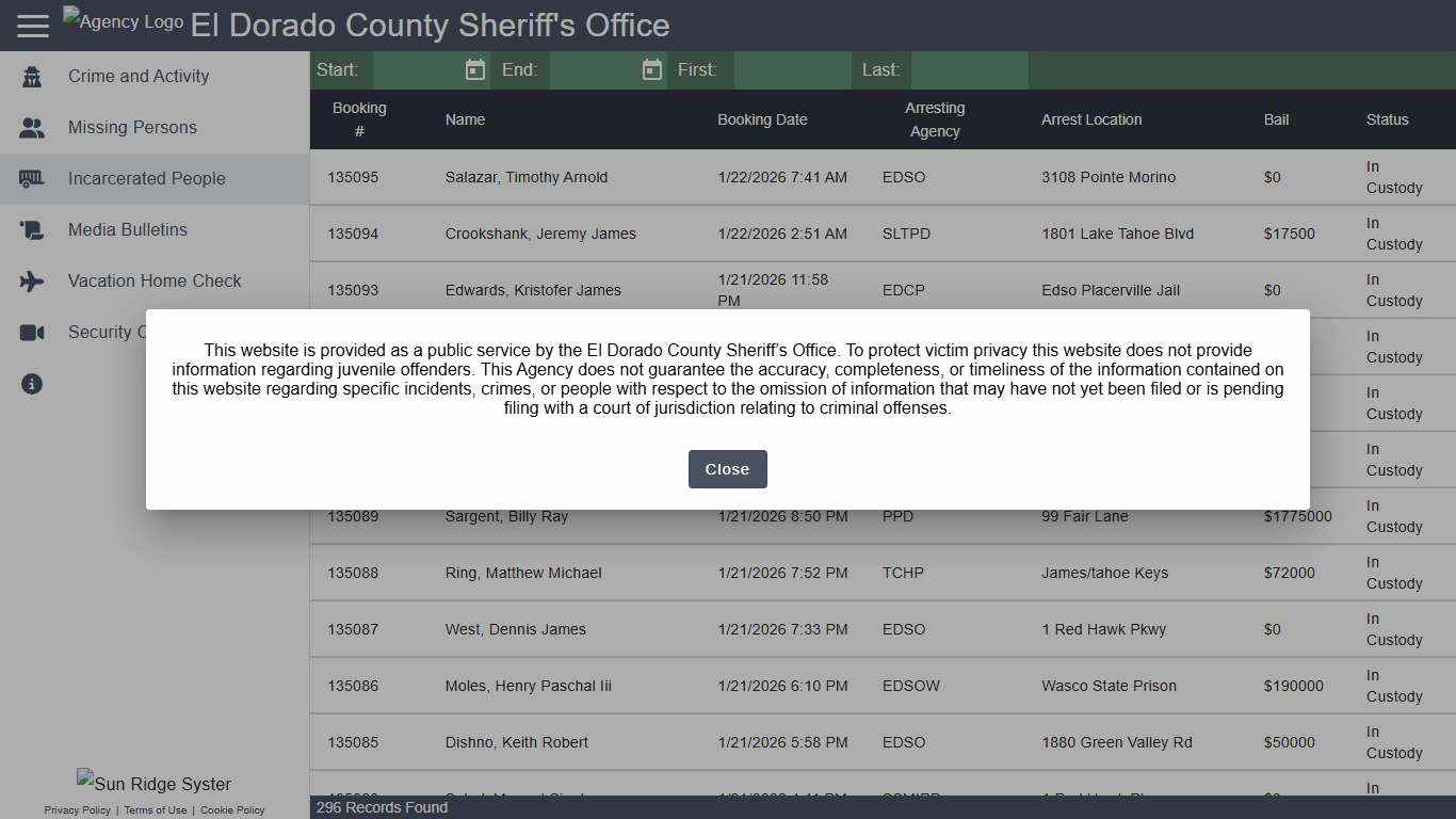 El Dorado County Sheriff's Office - Incarcerated People