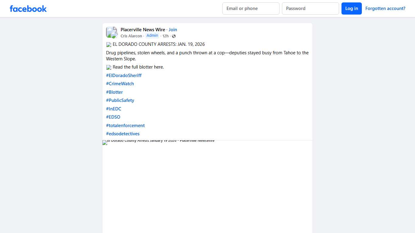 Placerville News Wire 🚔 EL DORADO COUNTY ARRESTS: JAN Facebook